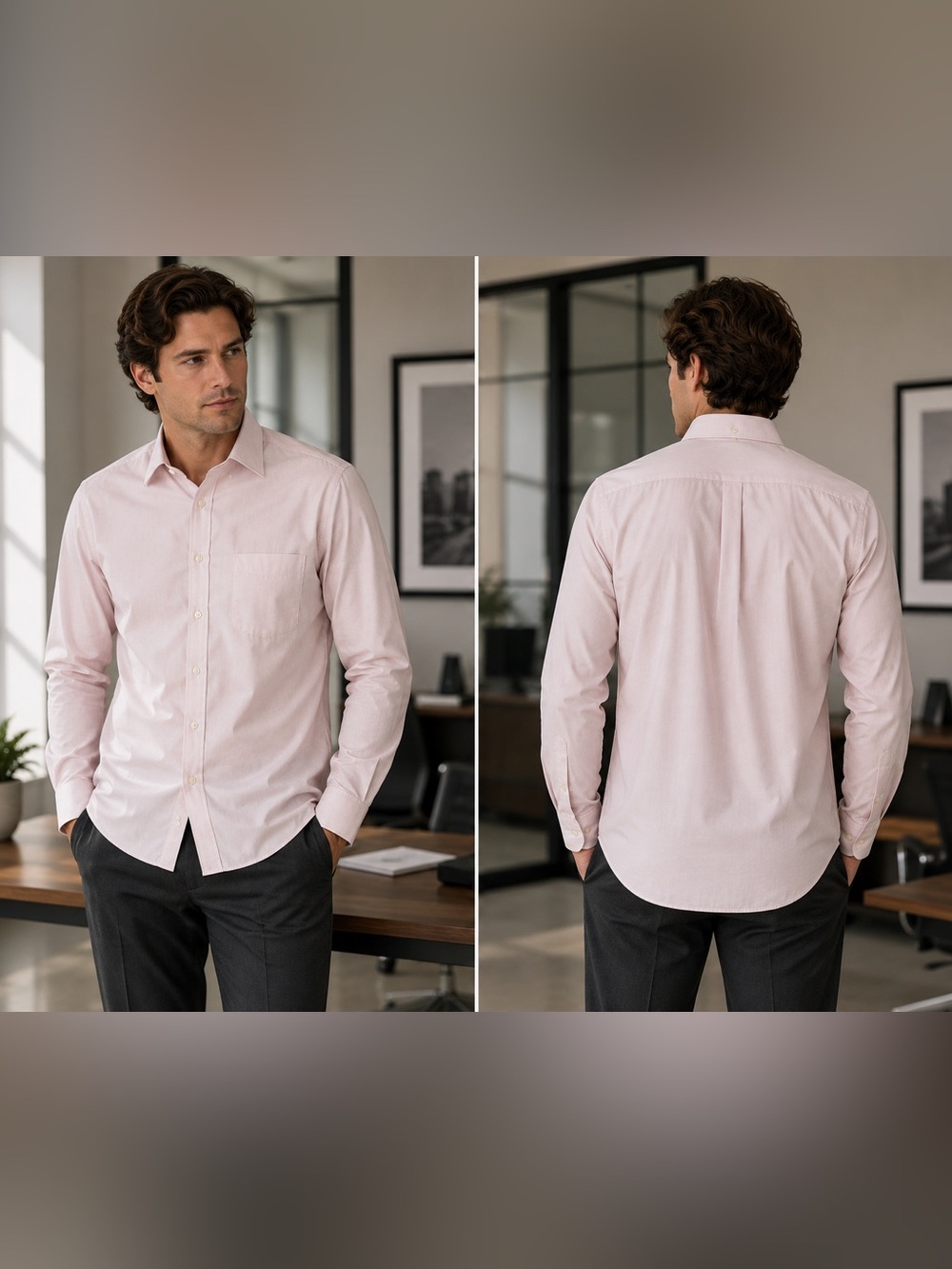 Men's Light Pink Long-Sleeve Dress Shirt - Modern Point Collar
